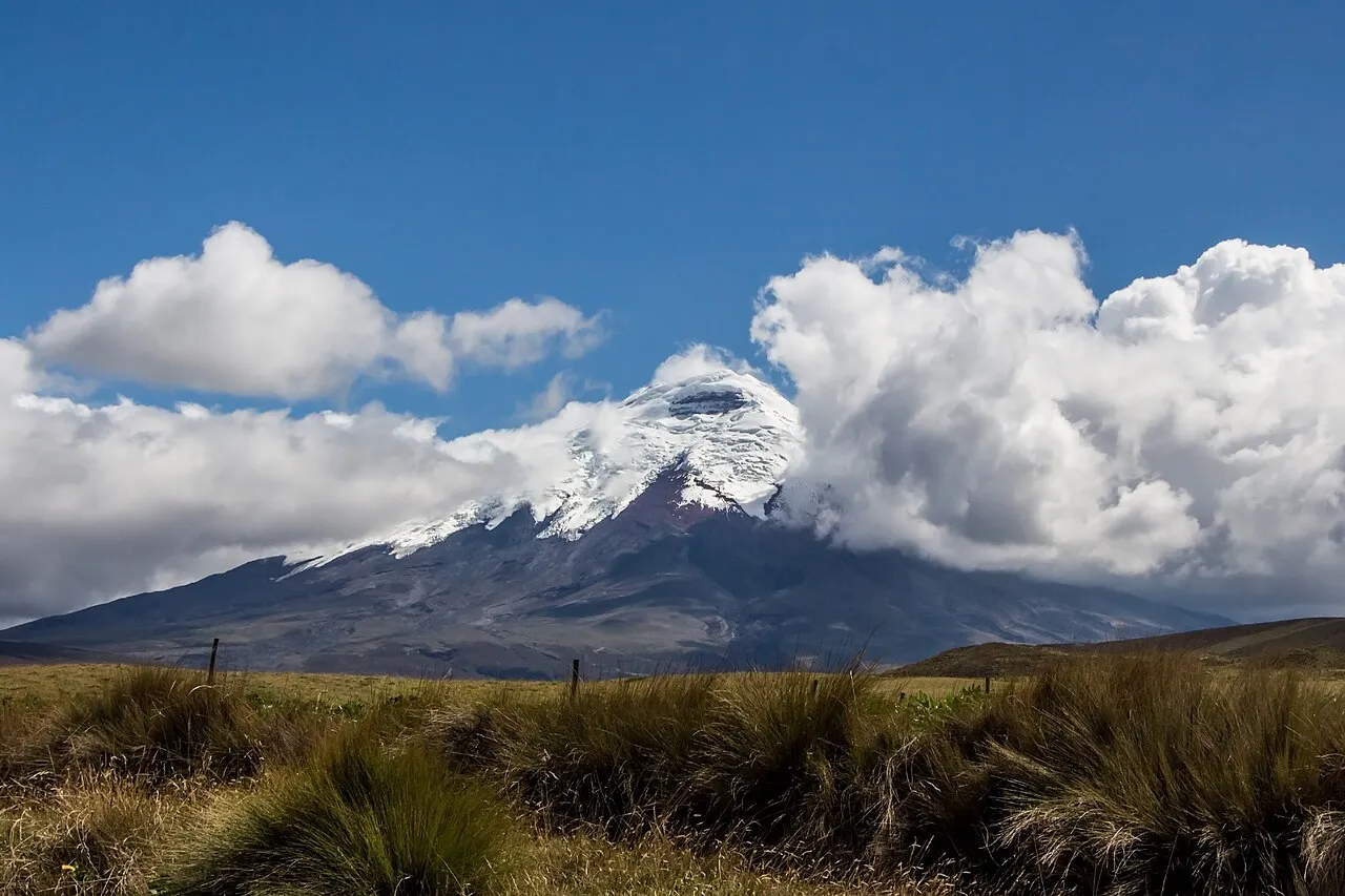 El volcán Cotopaxi nevado entre nubes, sobre el páramo andino